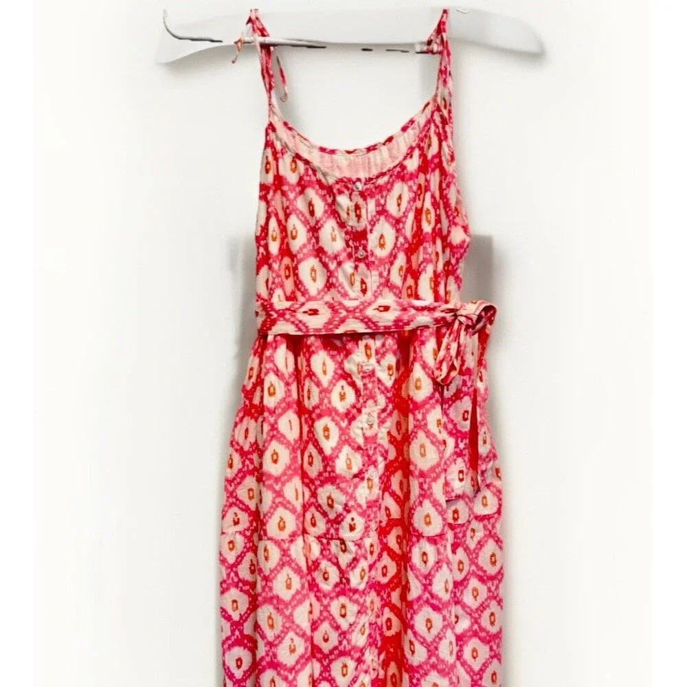 Marea Belted Siesta Maxi Dress Pink Ikat Print Bohemian Peasant Coquette Sz M